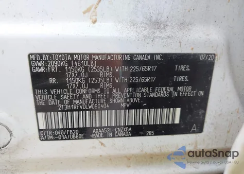 2020 Toyota Rav4 Le z USA, uszkodzony, nr VIN 2T3H1RFV0LW090404